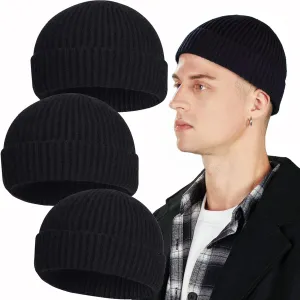 3PCS Short Fisherman Beanie Hat for Men Women, Wool Knit Cuff Winter Warm Hats