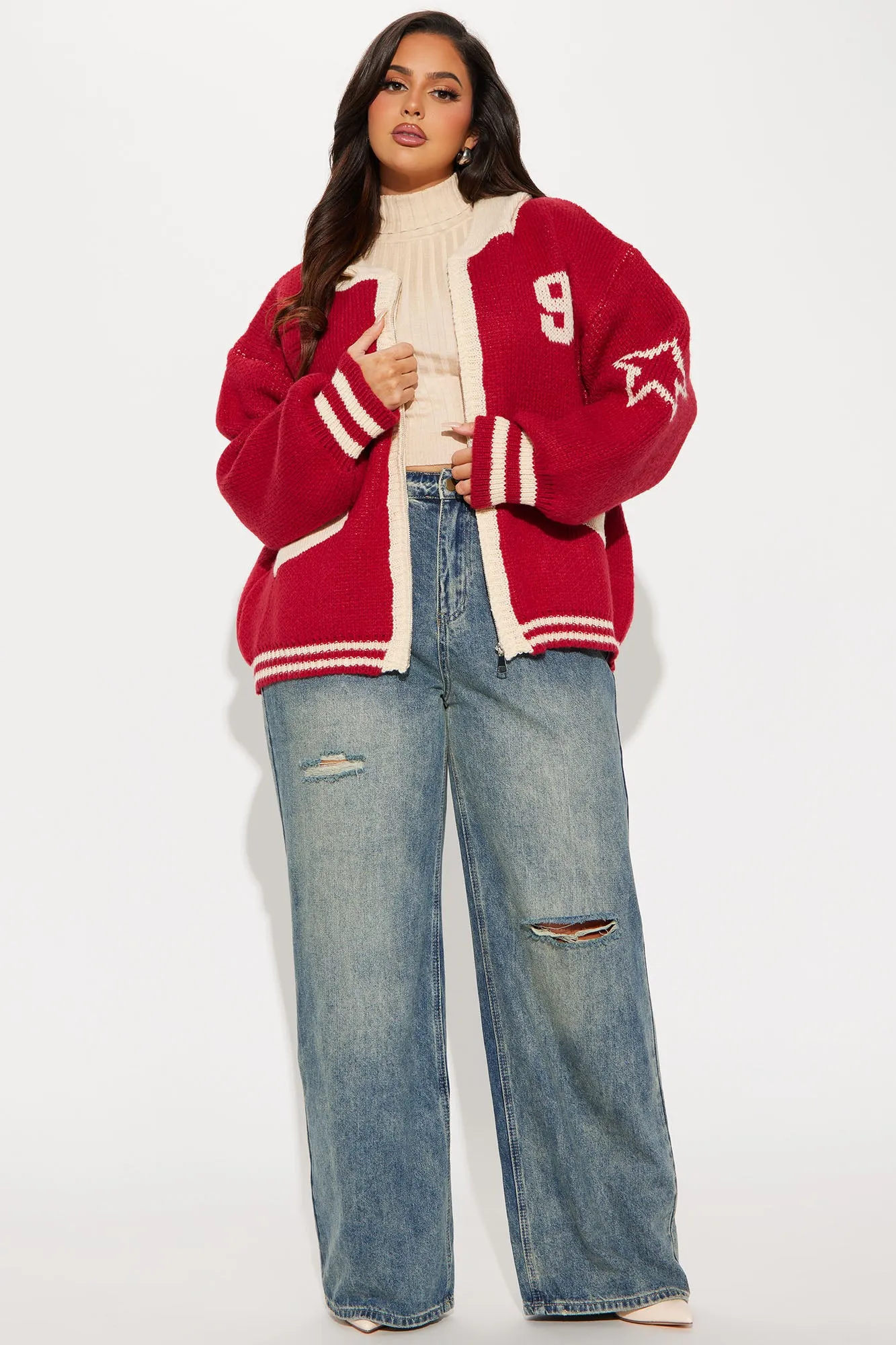 97 Varsity Front Zip Sweater - Red/combo