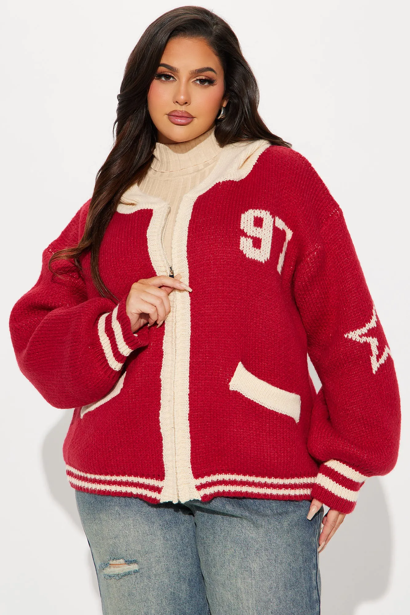 97 Varsity Front Zip Sweater - Red/combo