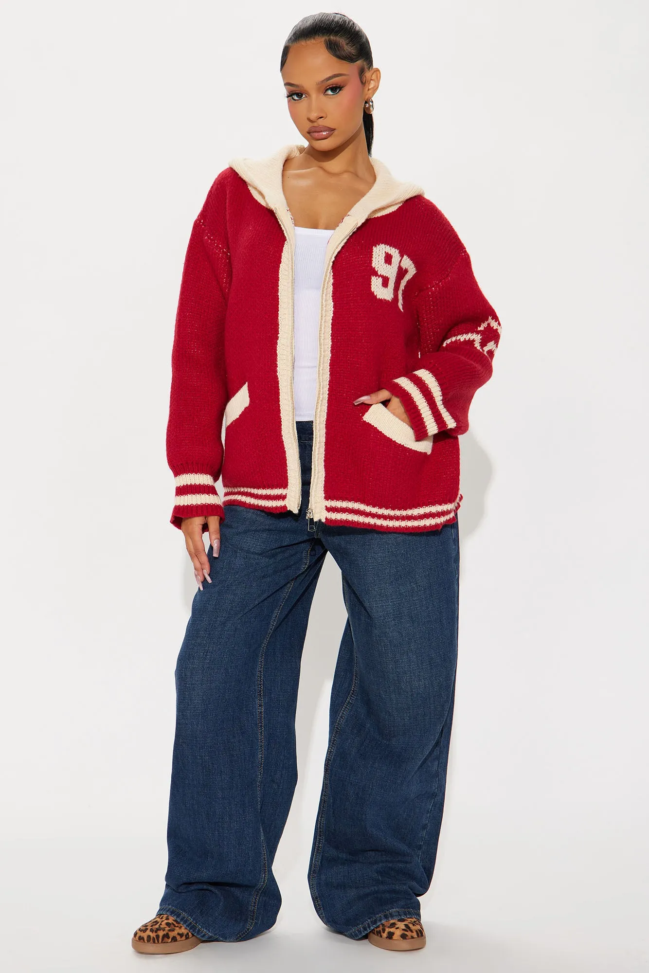 97 Varsity Front Zip Sweater - Red/combo