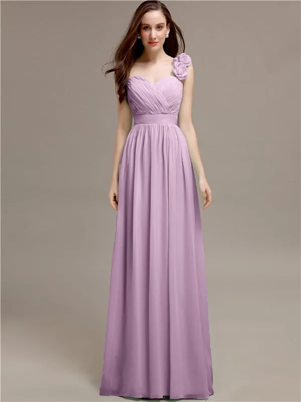 A-line One-Shoulder With Flowers Floor-Length Bridesmaid Dresses