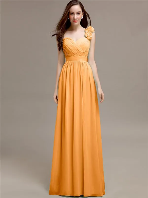A-line One-Shoulder With Flowers Floor-Length Bridesmaid Dresses