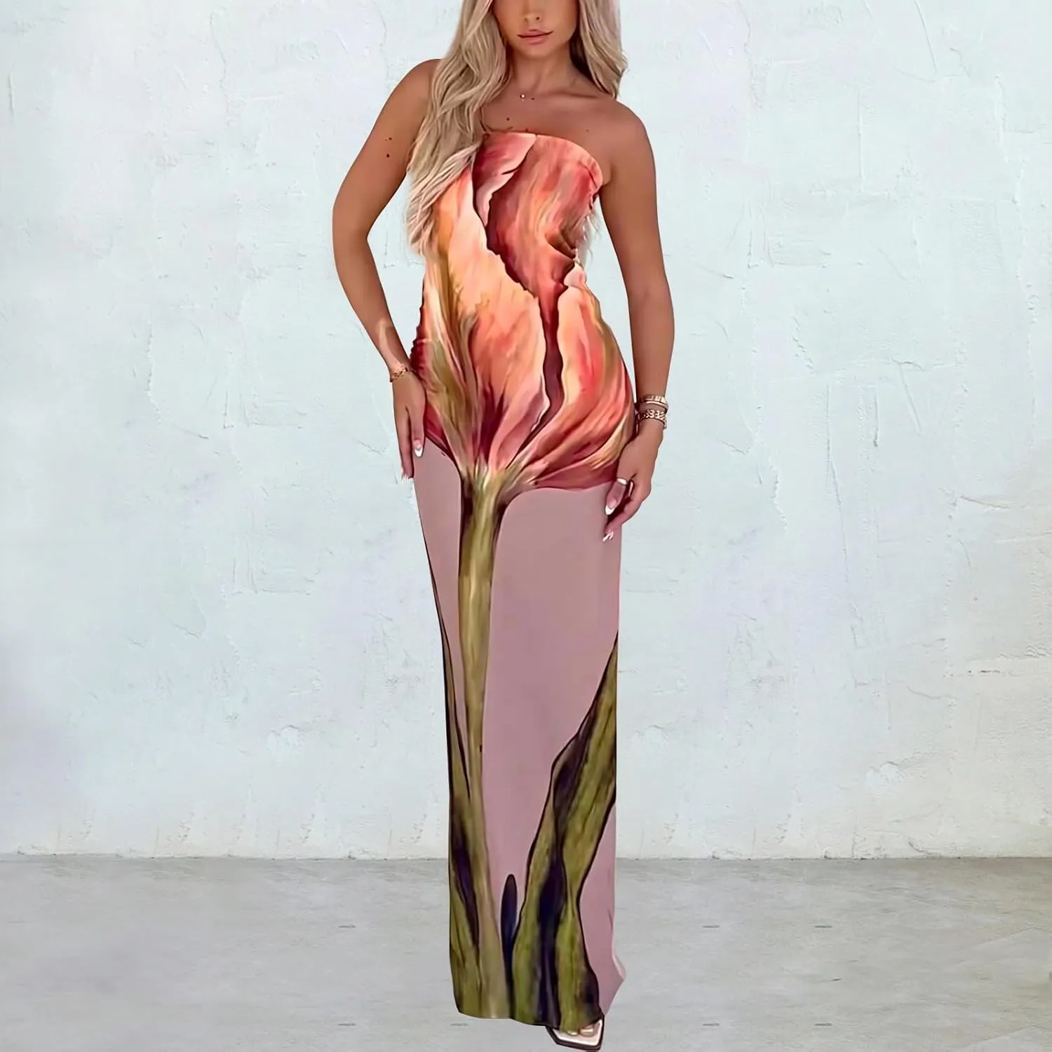 ACOSAP Women Y2k Strapless Maxi Dress Summer Backless Floral Long Tube Dress Off Shoulder Cocktail Party Dress