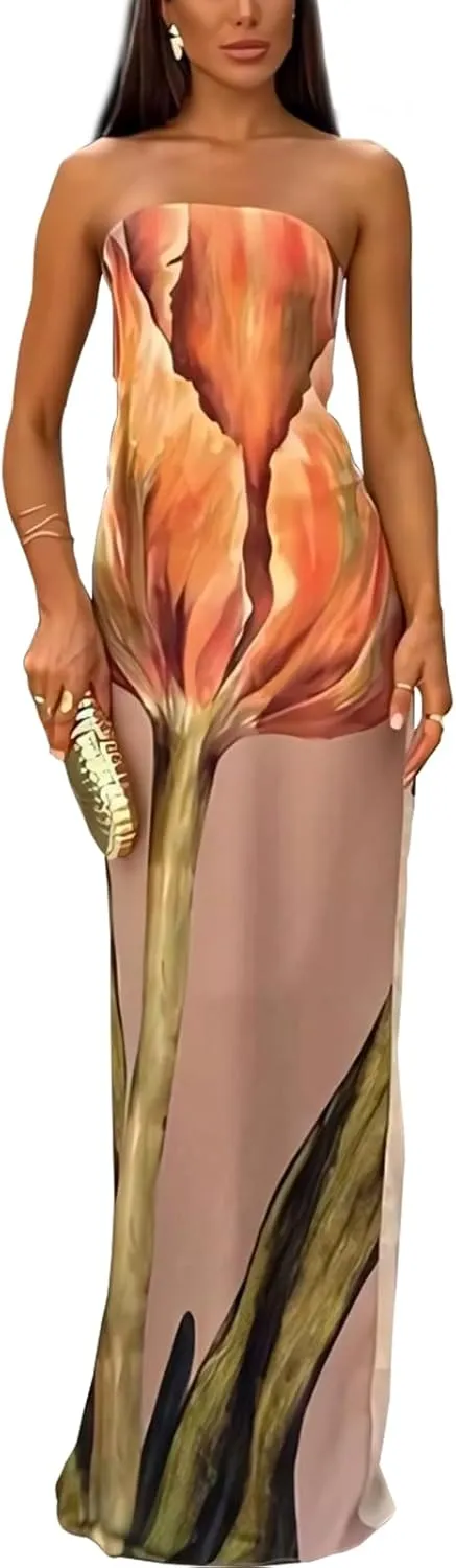 ACOSAP Women Y2k Strapless Maxi Dress Summer Backless Floral Long Tube Dress Off Shoulder Cocktail Party Dress