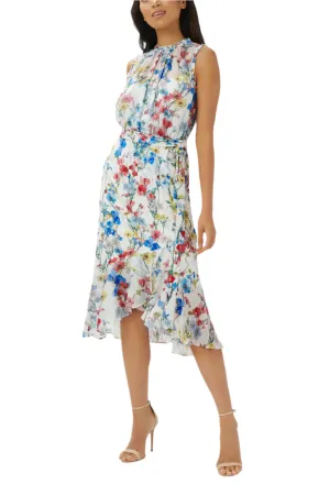 Adrianna Papell Crew Neck Back Zipper Sleeveless Floral Chiffon Midi Dress