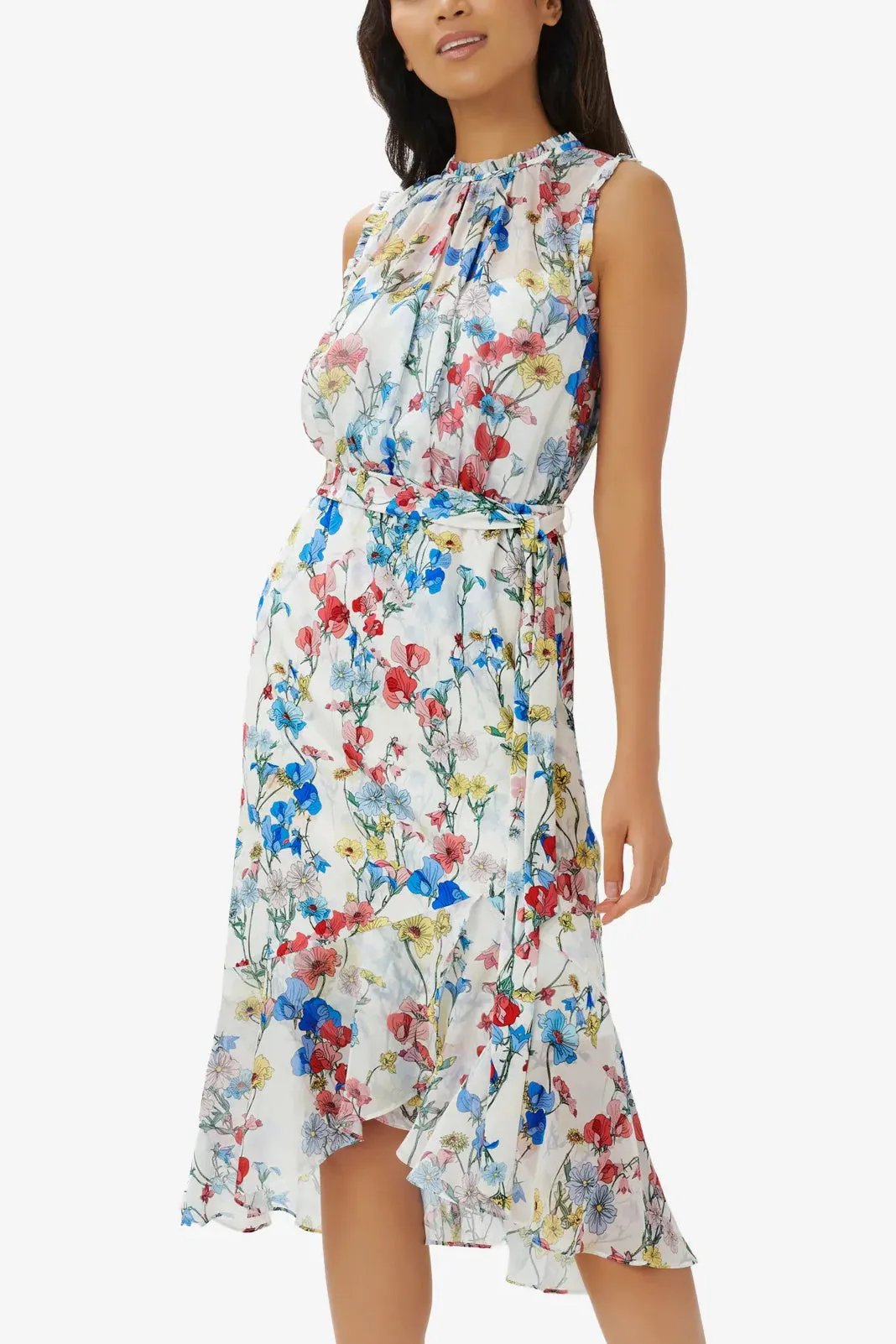 Adrianna Papell Crew Neck Back Zipper Sleeveless Floral Chiffon Midi Dress