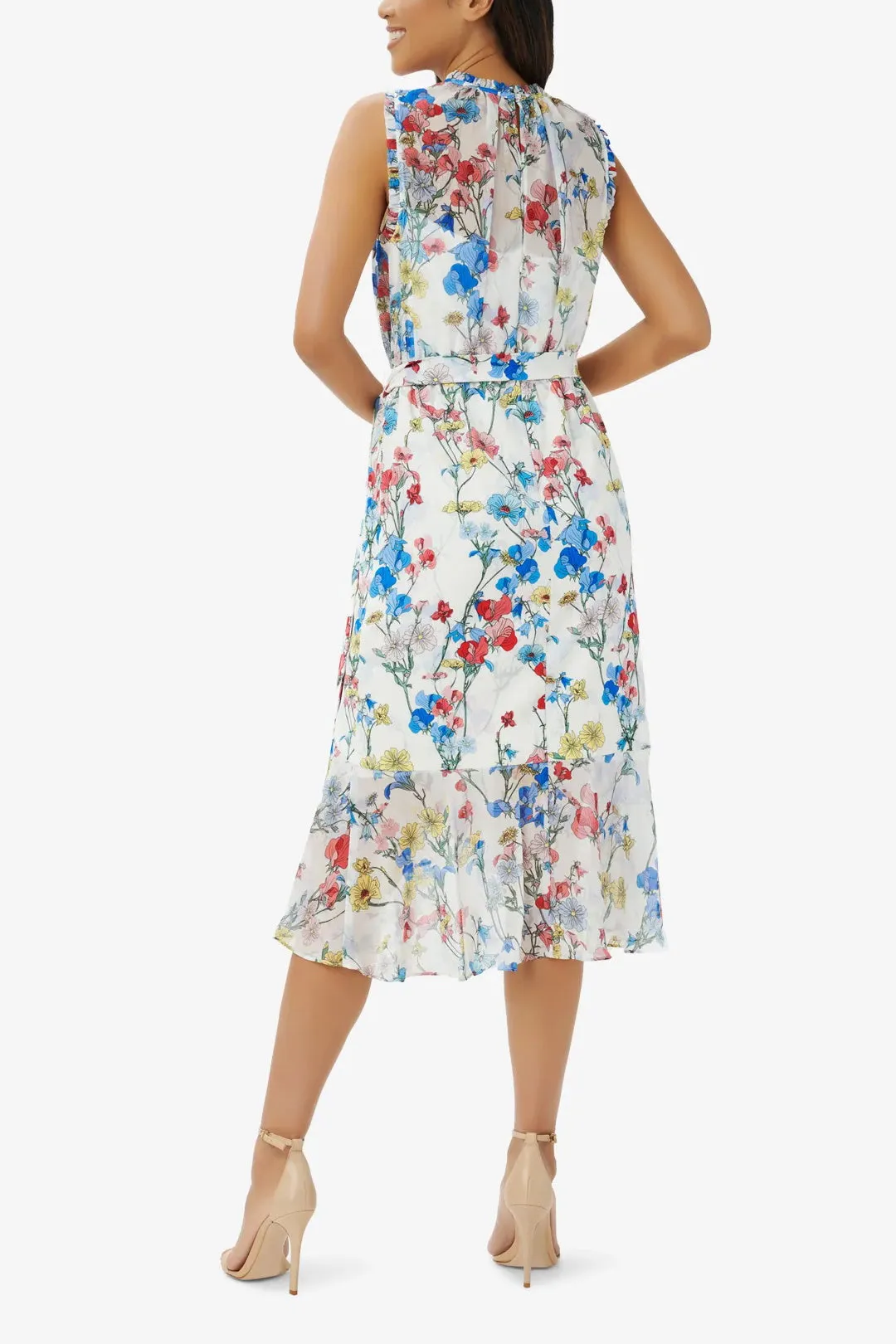 Adrianna Papell Crew Neck Back Zipper Sleeveless Floral Chiffon Midi Dress