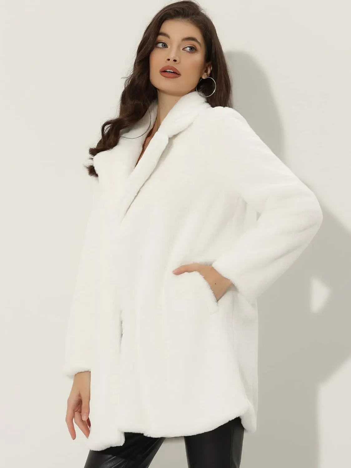 Allegra K Women's Faux Fur Coat Lapel Warm Overcoat Winter Open Front Fluffy Jackets