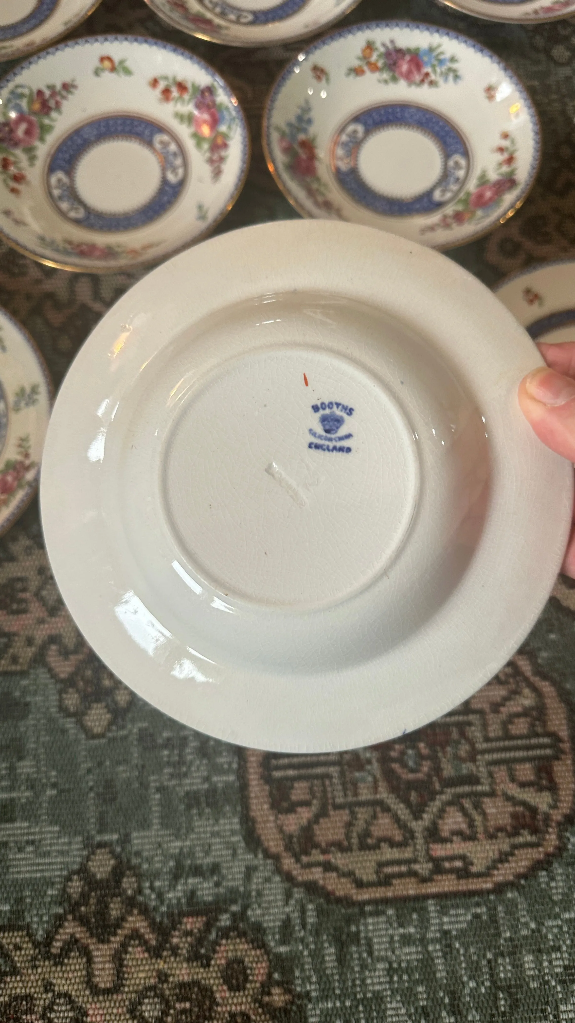 Antique China Set, 13 Pieces, Booths Silicon China, England, Blue and White, Pink, Geen, Red Floral Design
