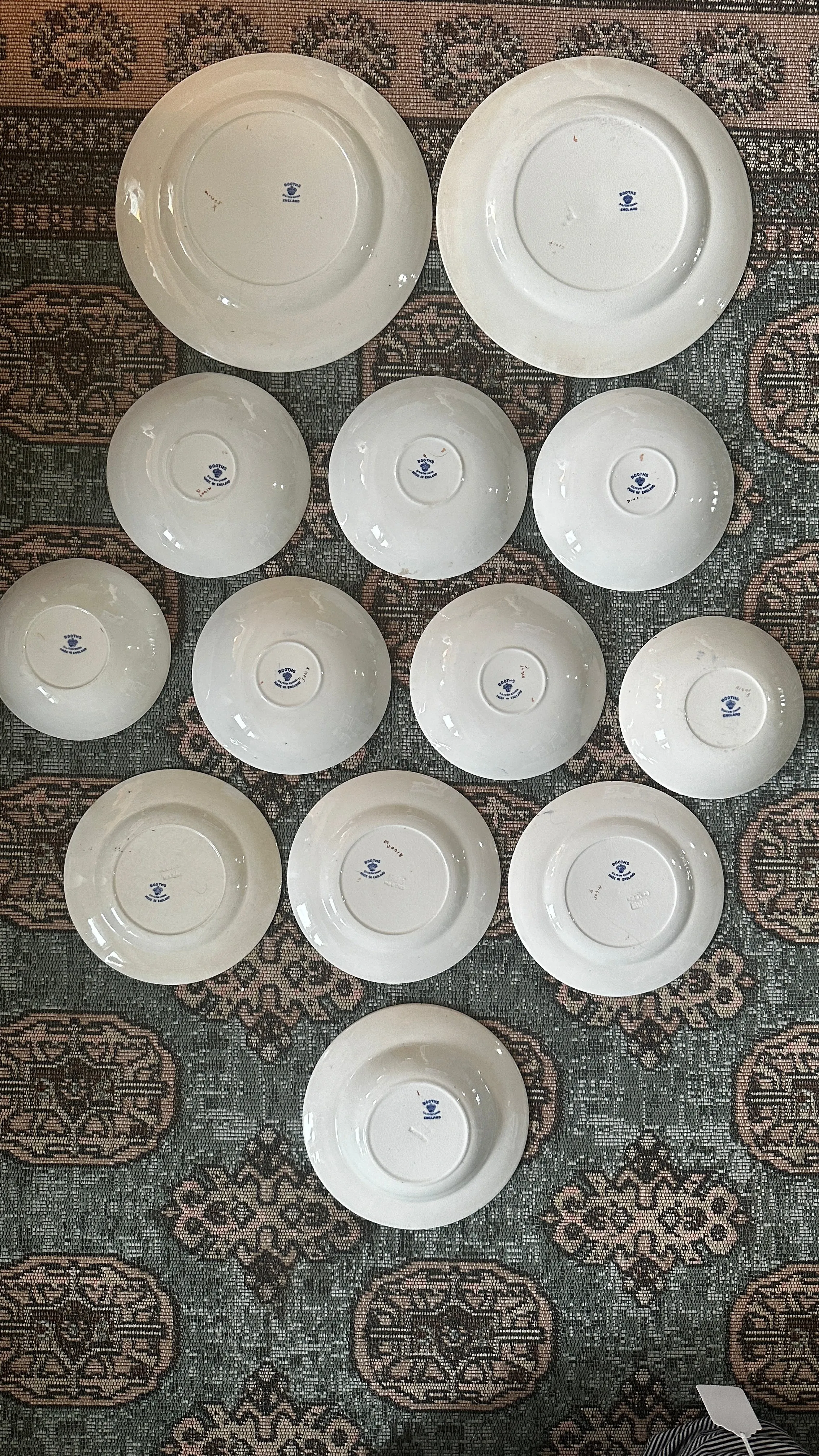 Antique China Set, 13 Pieces, Booths Silicon China, England, Blue and White, Pink, Geen, Red Floral Design