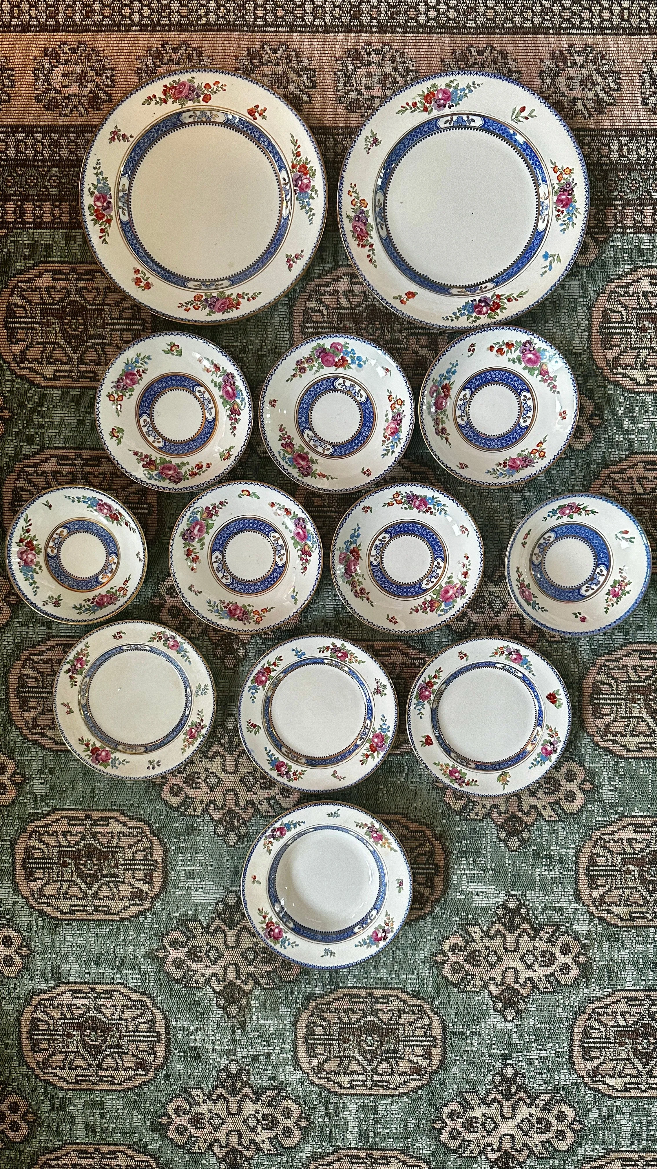 Antique China Set, 13 Pieces, Booths Silicon China, England, Blue and White, Pink, Geen, Red Floral Design