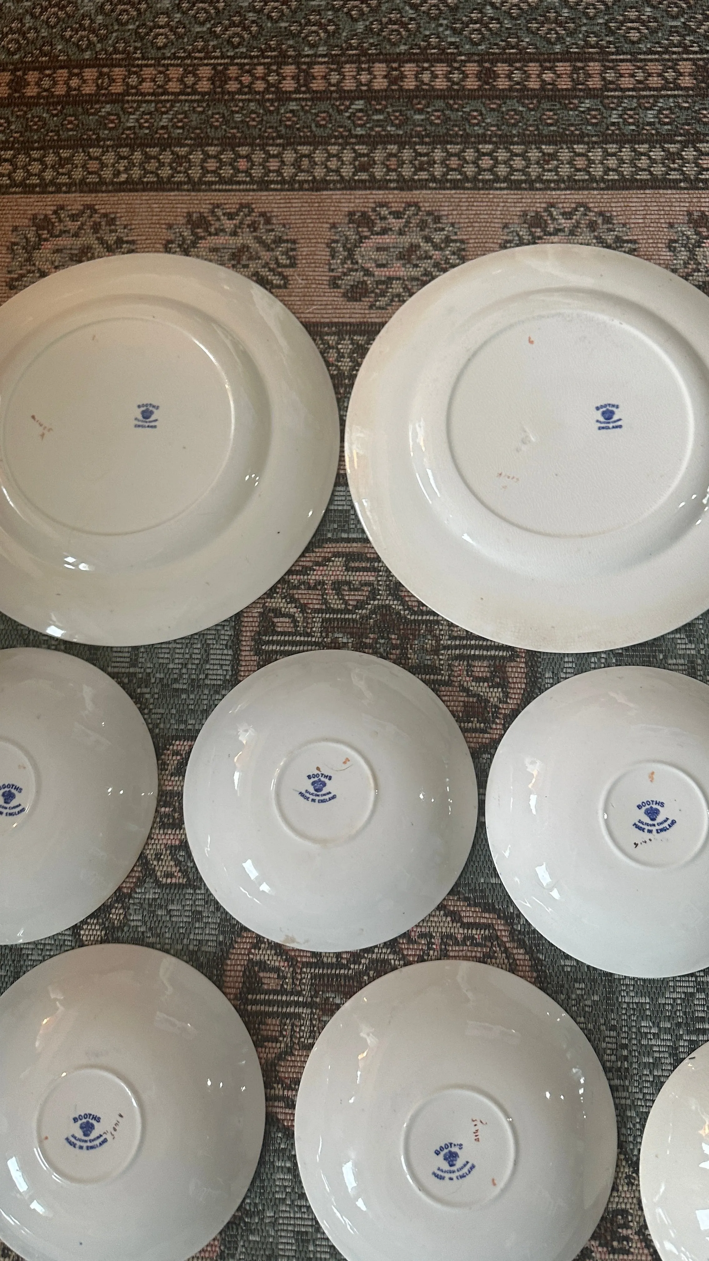 Antique China Set, 13 Pieces, Booths Silicon China, England, Blue and White, Pink, Geen, Red Floral Design