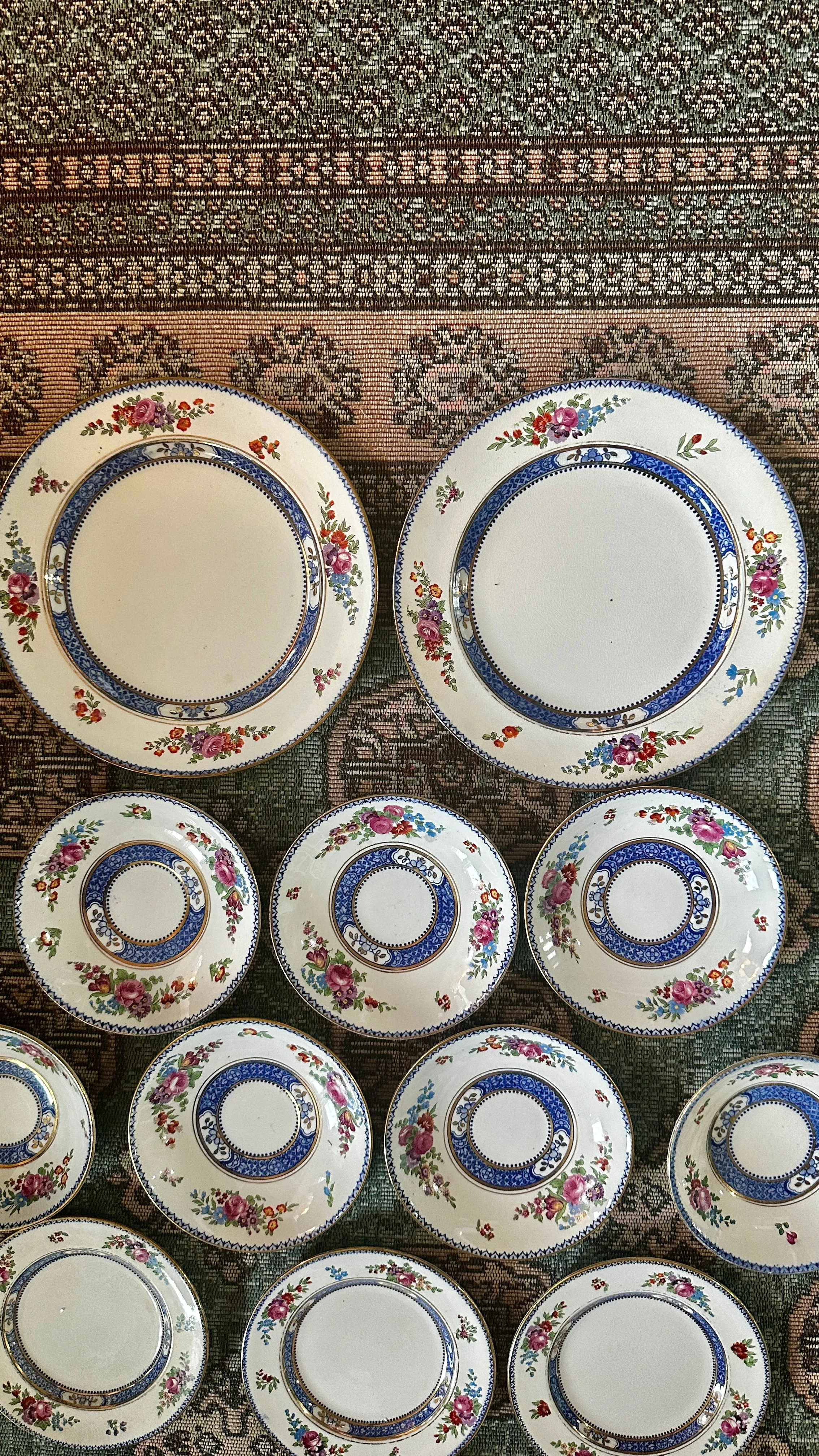 Antique China Set, 13 Pieces, Booths Silicon China, England, Blue and White, Pink, Geen, Red Floral Design