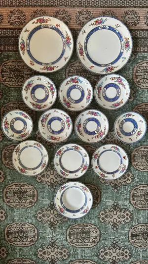 Antique China Set, 13 Pieces, Booths Silicon China, England, Blue and White, Pink, Geen, Red Floral Design