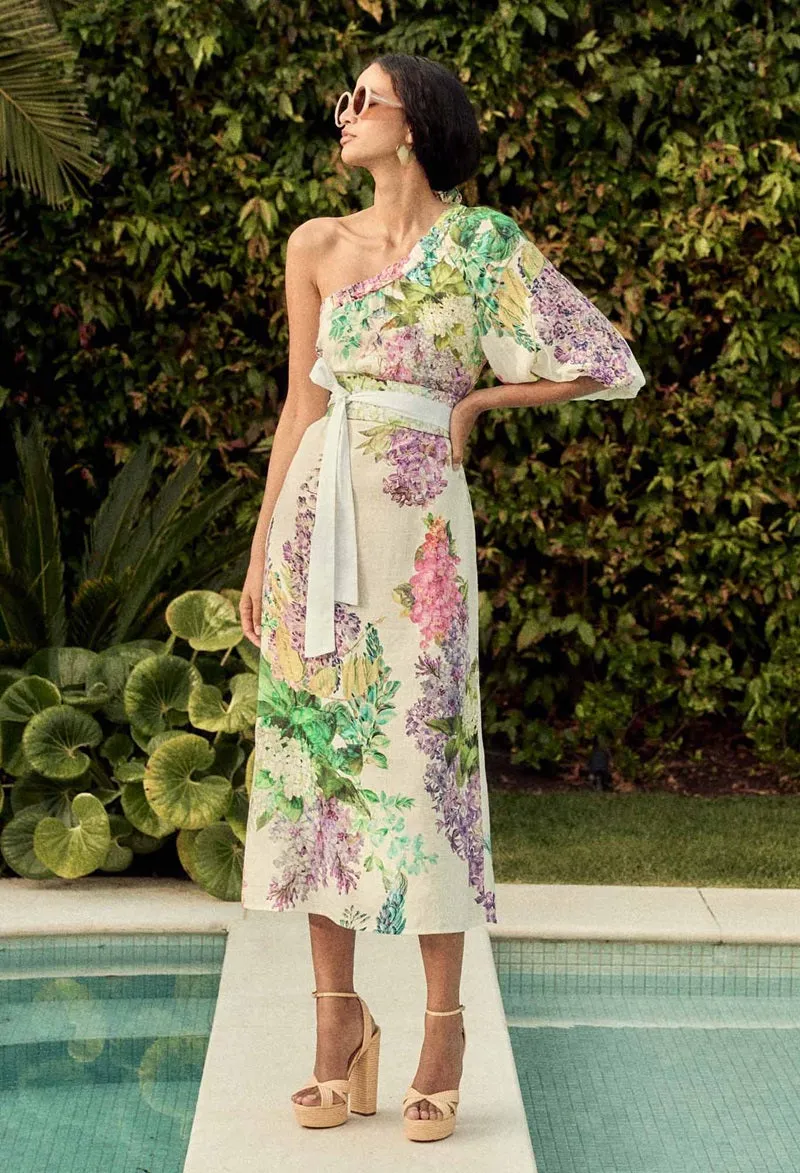Bahia One Shoulder Linen Viscose Dress | Wisteria Alba