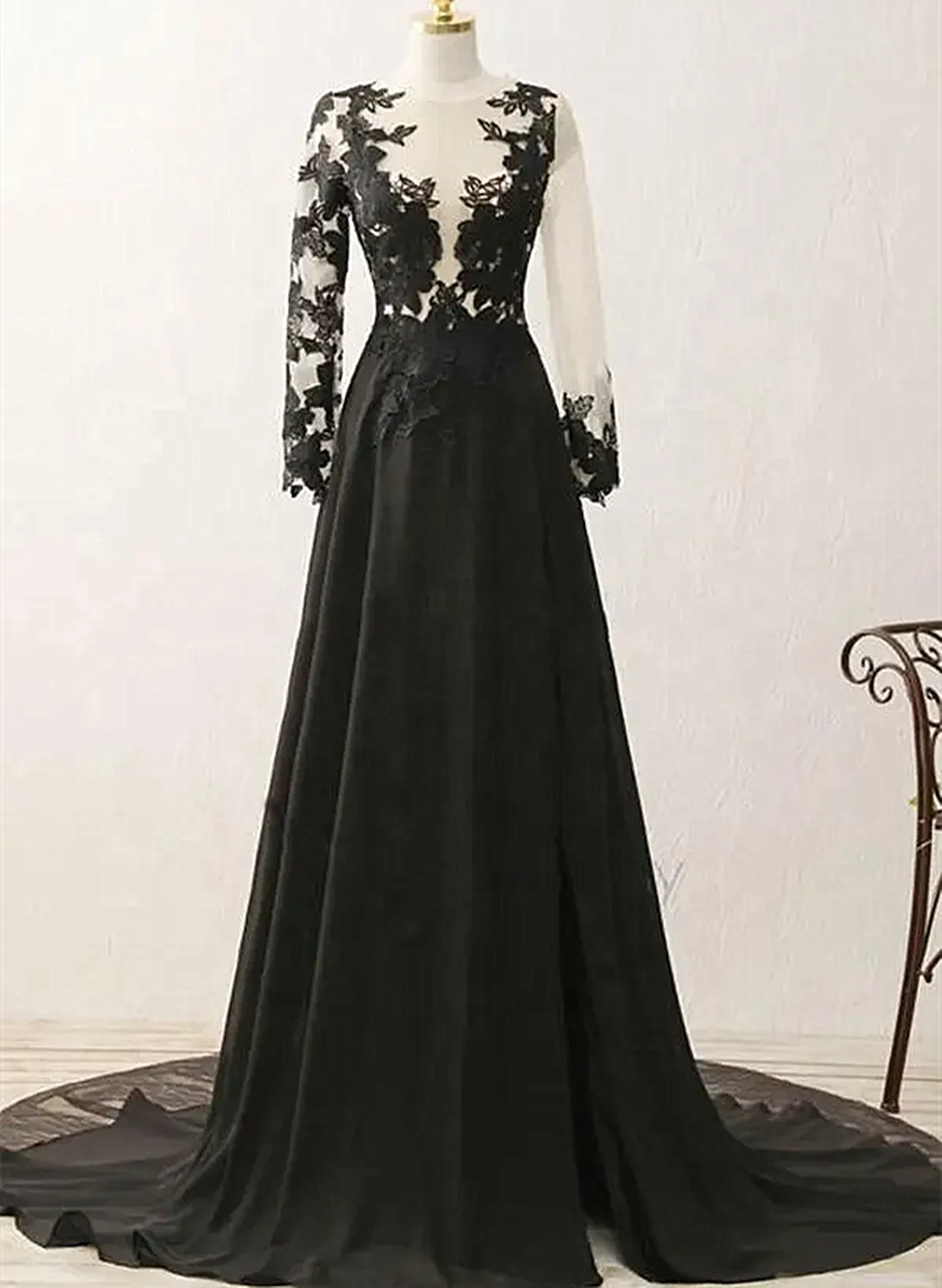 Black Long Sleeves Chiffon With Lace Evening Dress Black A-Line Party Dress With Leg Slit