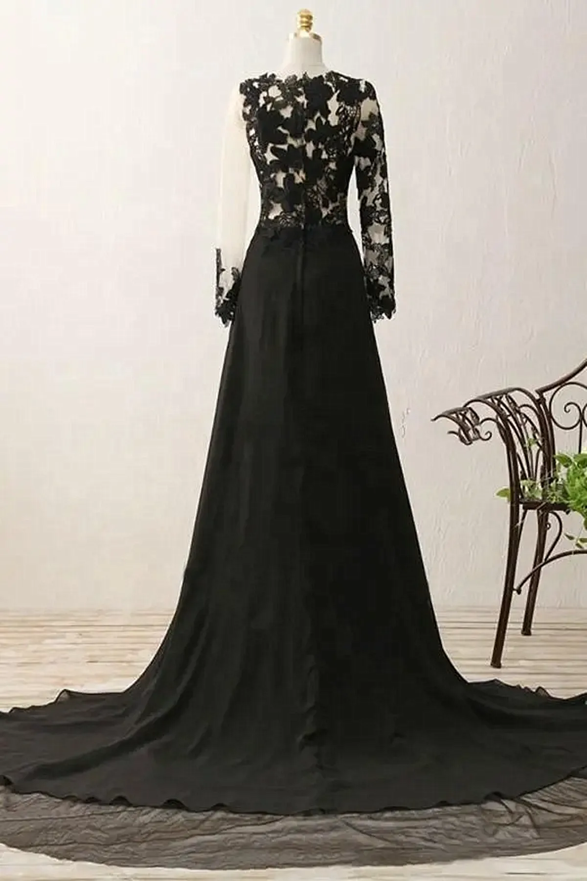 Black Long Sleeves Chiffon With Lace Evening Dress Black A-Line Party Dress With Leg Slit