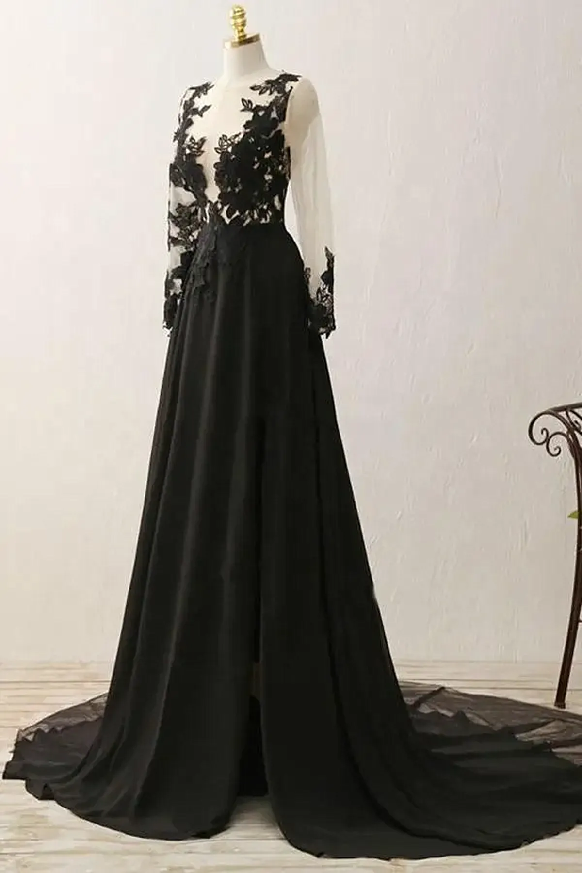 Black Long Sleeves Chiffon With Lace Evening Dress Black A-Line Party Dress With Leg Slit