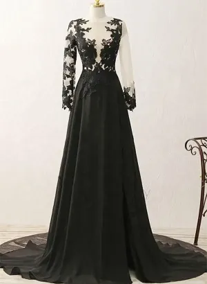 Black Long Sleeves Chiffon With Lace Evening Dress Black A-Line Party Dress With Leg Slit