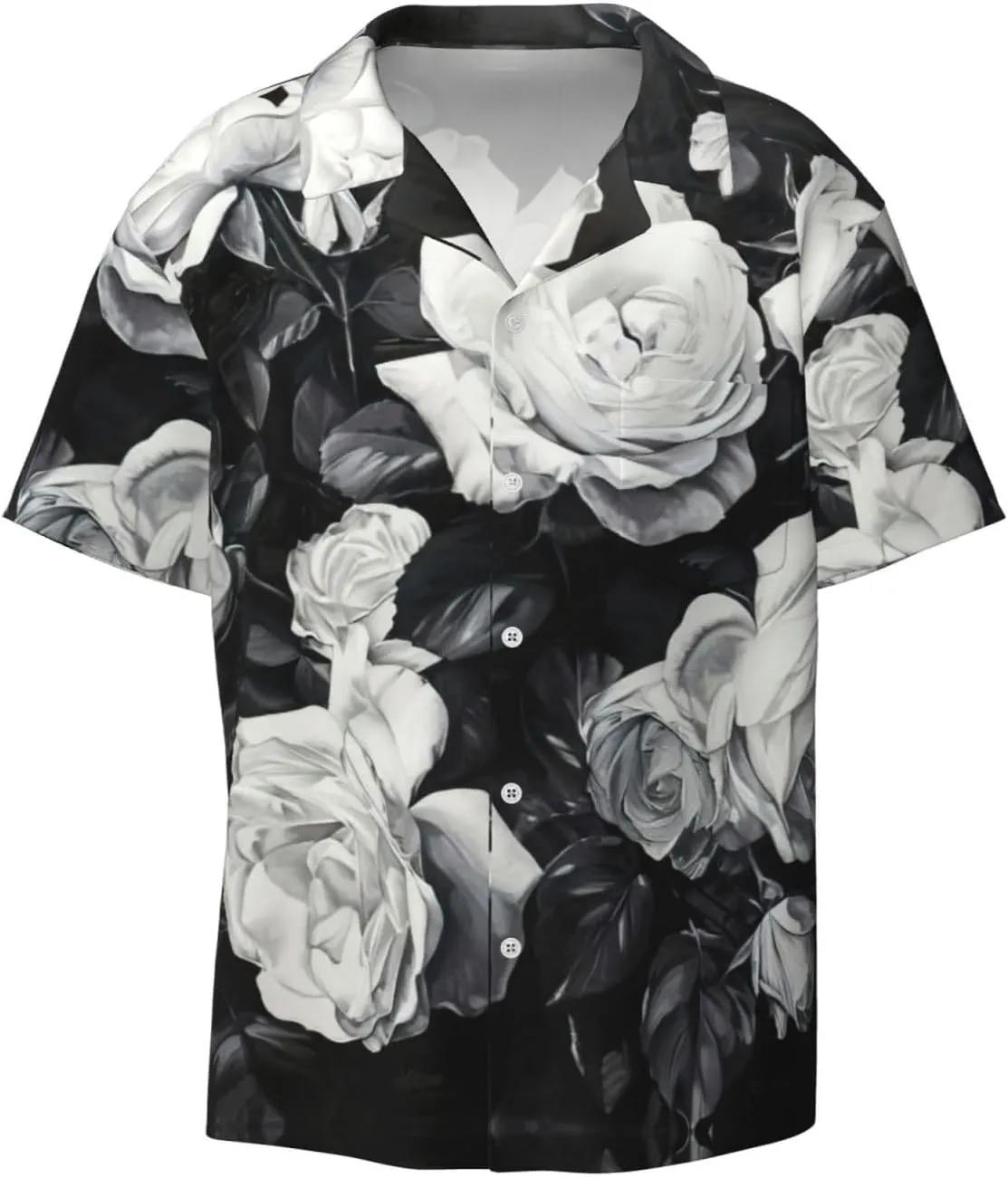 Black White Rose Print Men's Button-Down Shirts Short Sleeve Cuban Collar Shirt Beach Summer Wedding Shirt