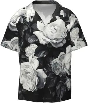 Black White Rose Print Men's Button-Down Shirts Short Sleeve Cuban Collar Shirt Beach Summer Wedding Shirt