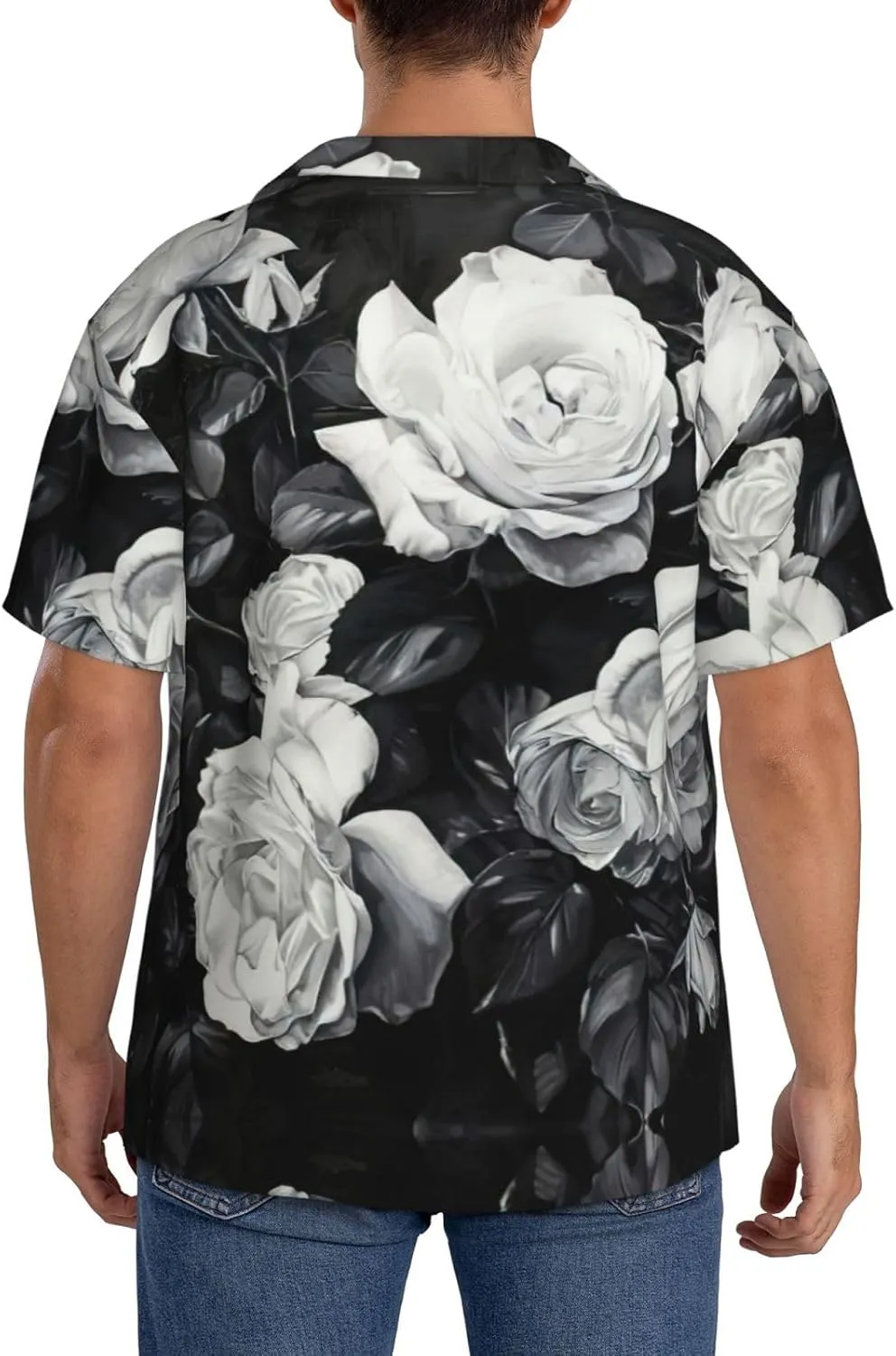 Black White Rose Print Men's Button-Down Shirts Short Sleeve Cuban Collar Shirt Beach Summer Wedding Shirt