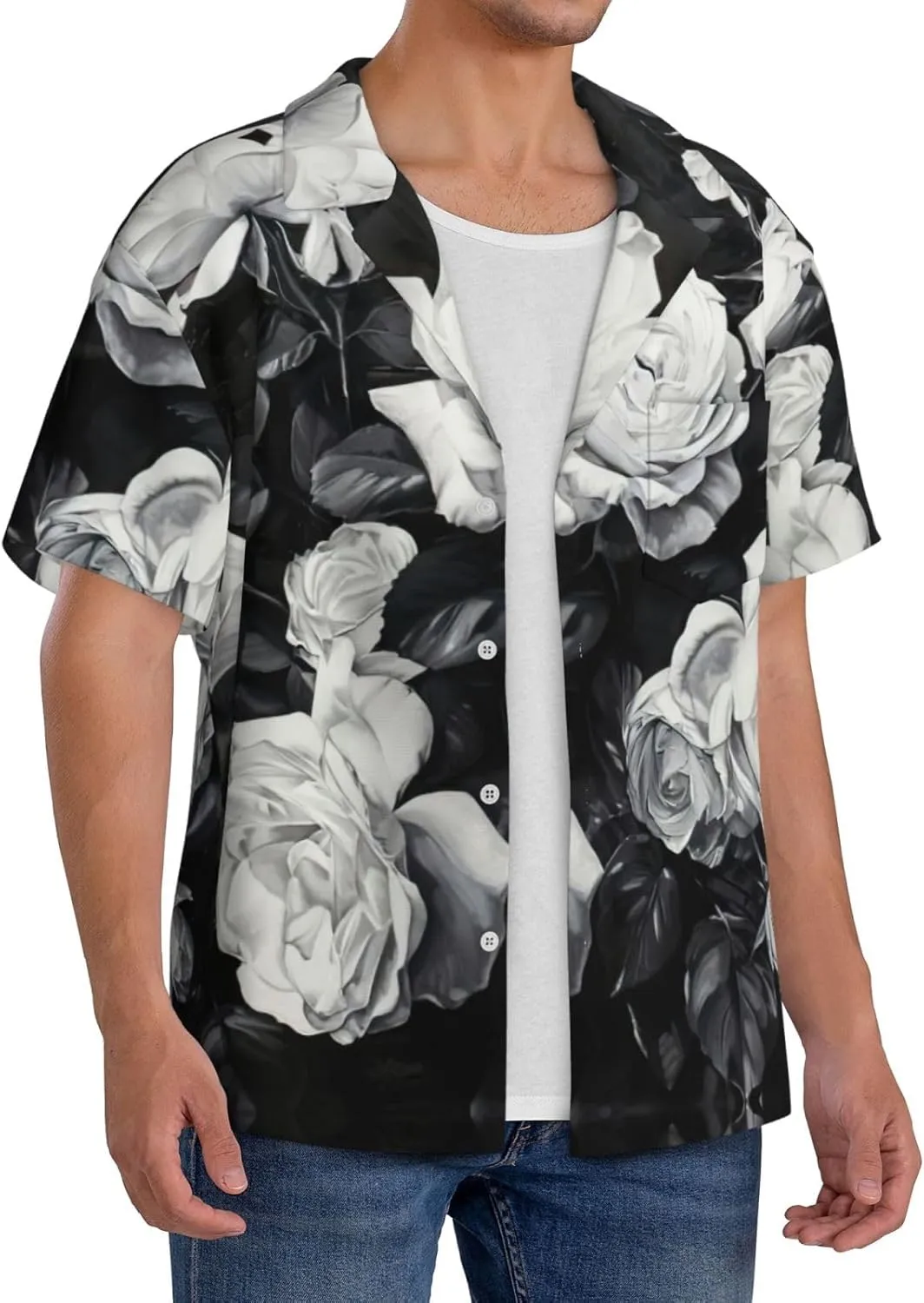 Black White Rose Print Men's Button-Down Shirts Short Sleeve Cuban Collar Shirt Beach Summer Wedding Shirt