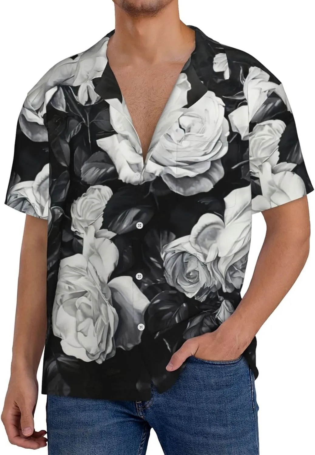 Black White Rose Print Men's Button-Down Shirts Short Sleeve Cuban Collar Shirt Beach Summer Wedding Shirt