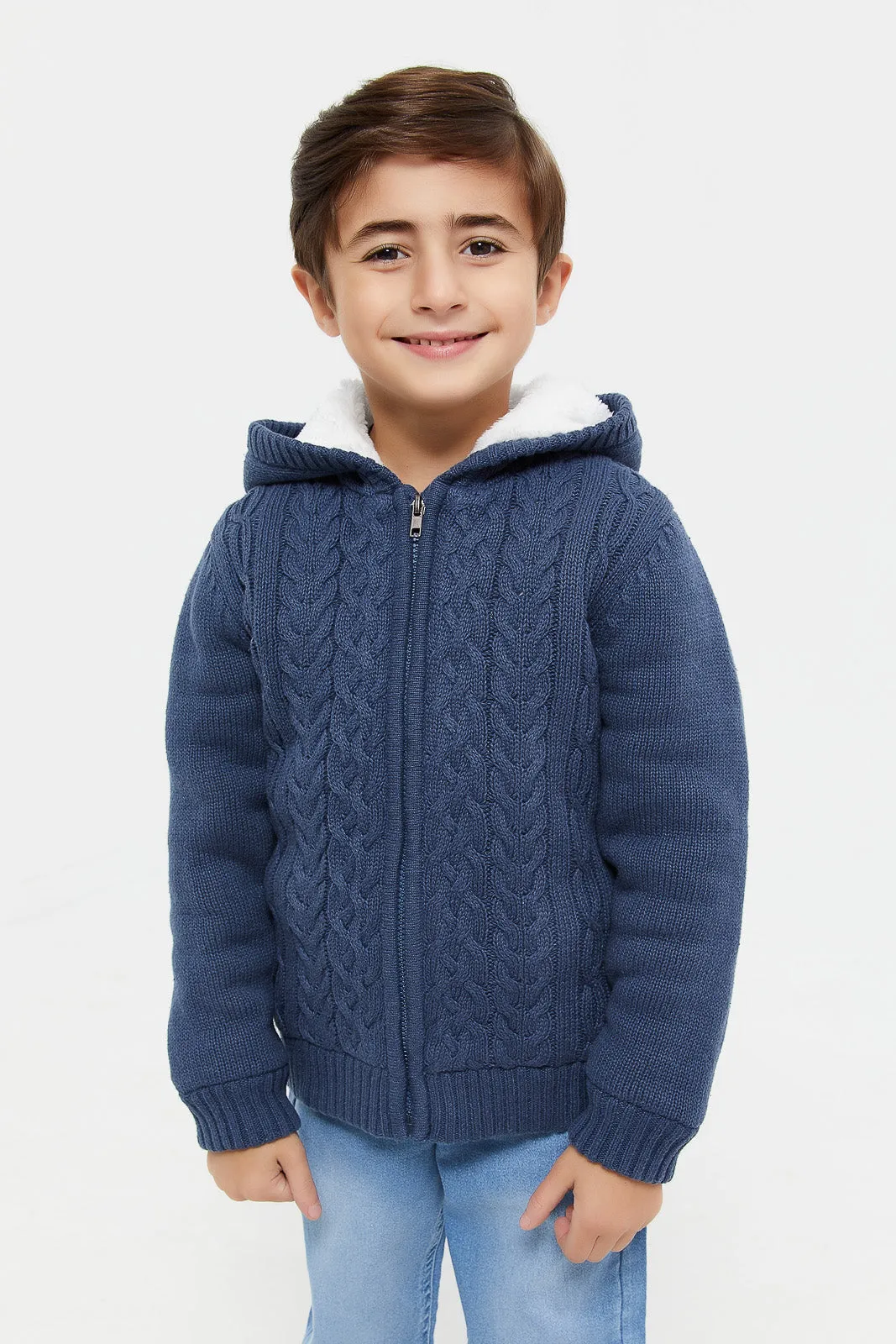 Boys Navy Knitted Hooded Cardigan