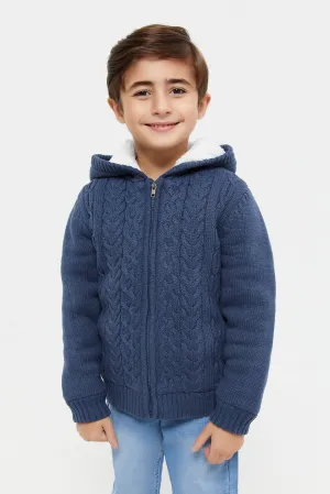 Boys Navy Knitted Hooded Cardigan