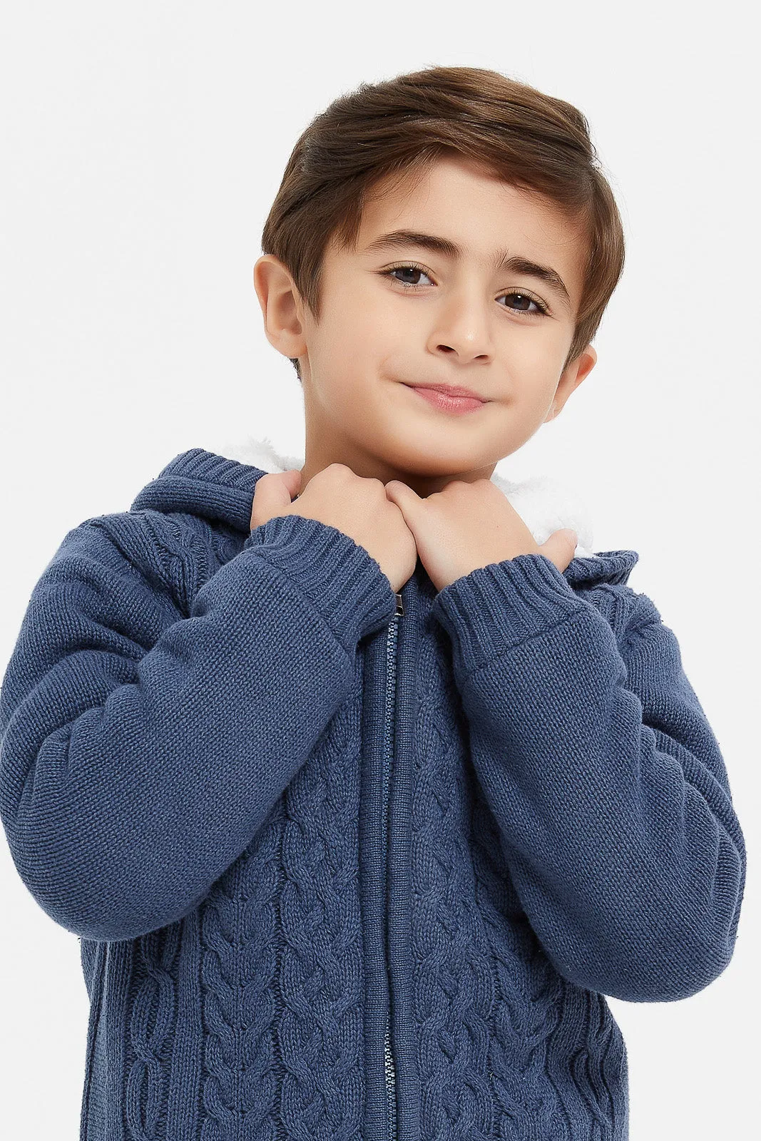 Boys Navy Knitted Hooded Cardigan