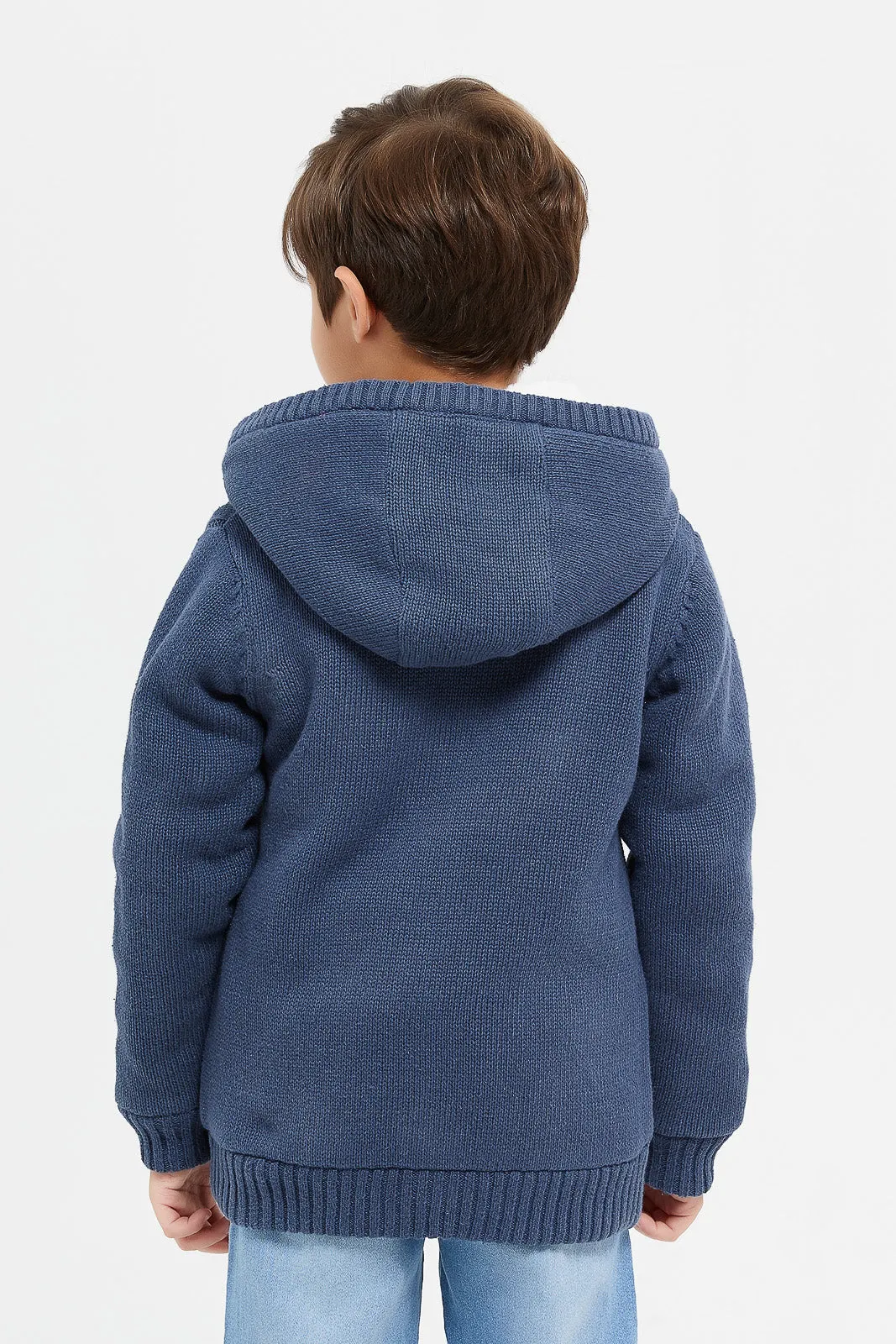 Boys Navy Knitted Hooded Cardigan