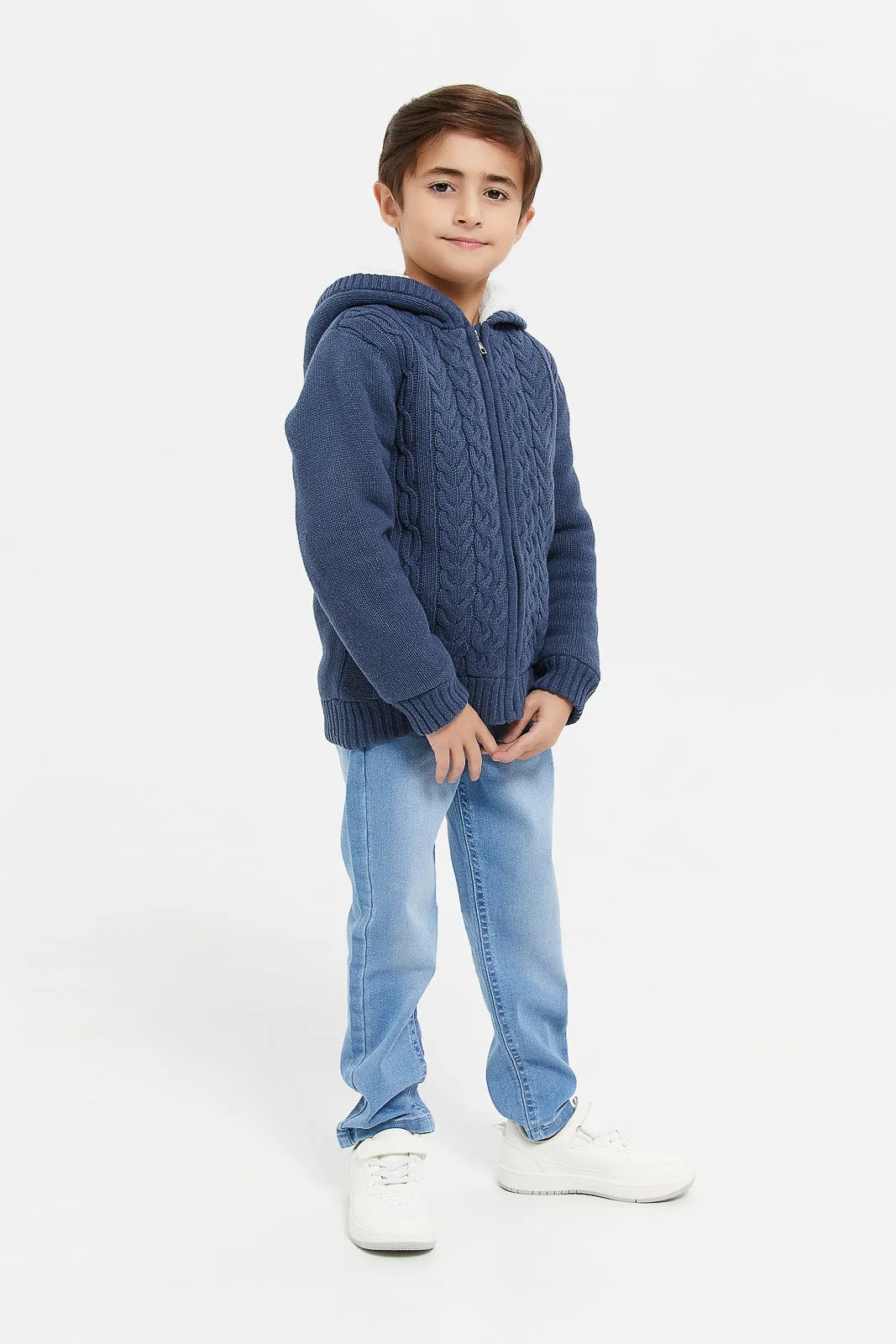 Boys Navy Knitted Hooded Cardigan