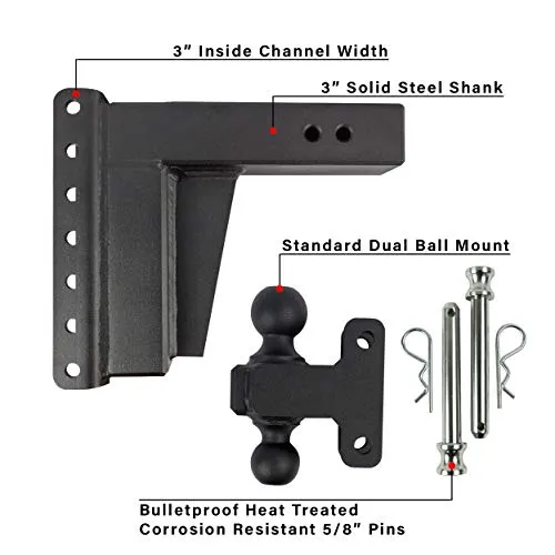 BulletProof Hitches 3.0" Adjustable Extreme Duty (36,000lb Rating) 8" Drop/Rise Trailer Hitch with 2" and 2 5/16" Dual Ball (Black Textured Powder Coat, Solid Steel)