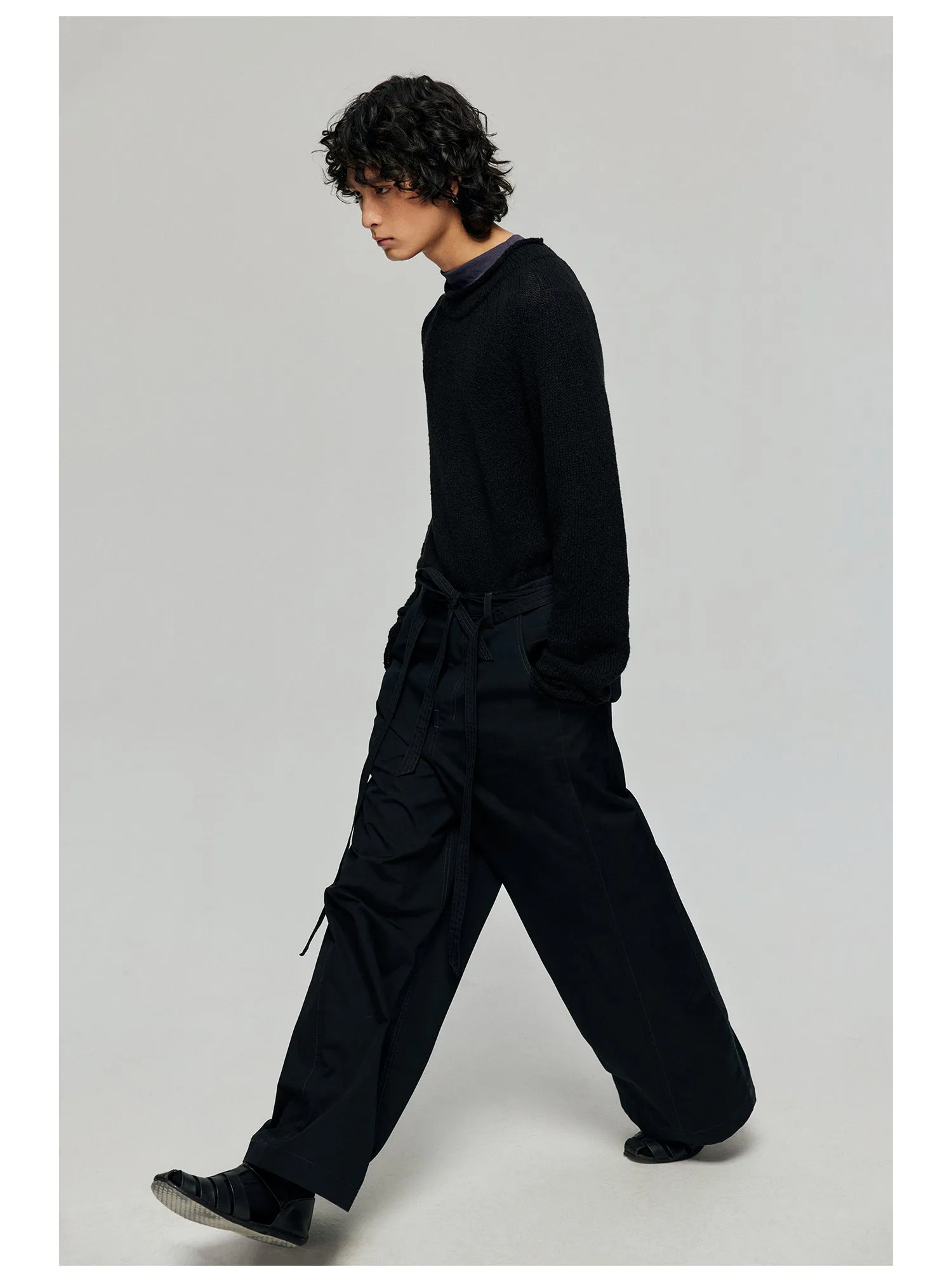 Contrast belt wide-leg casual pants