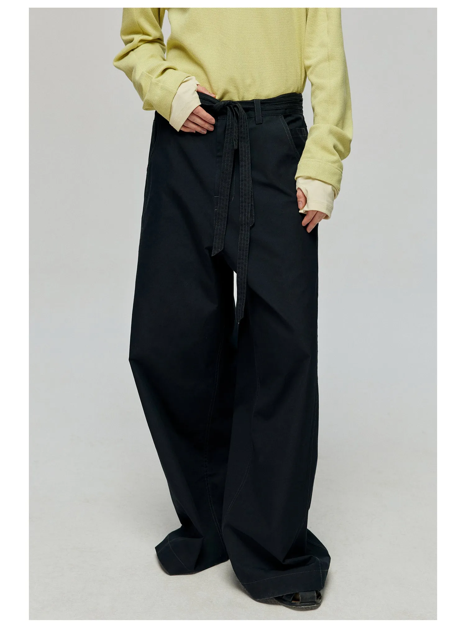 Contrast belt wide-leg casual pants