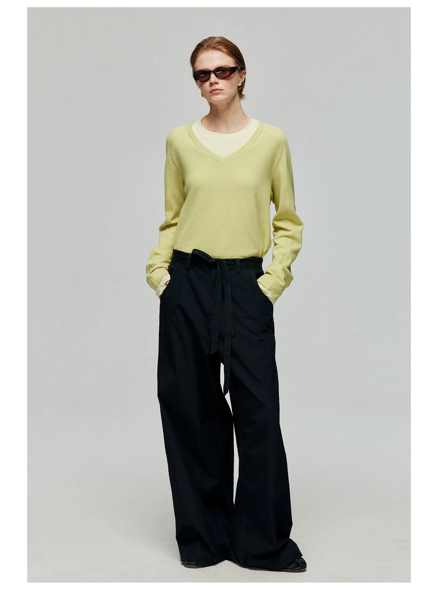 Contrast belt wide-leg casual pants