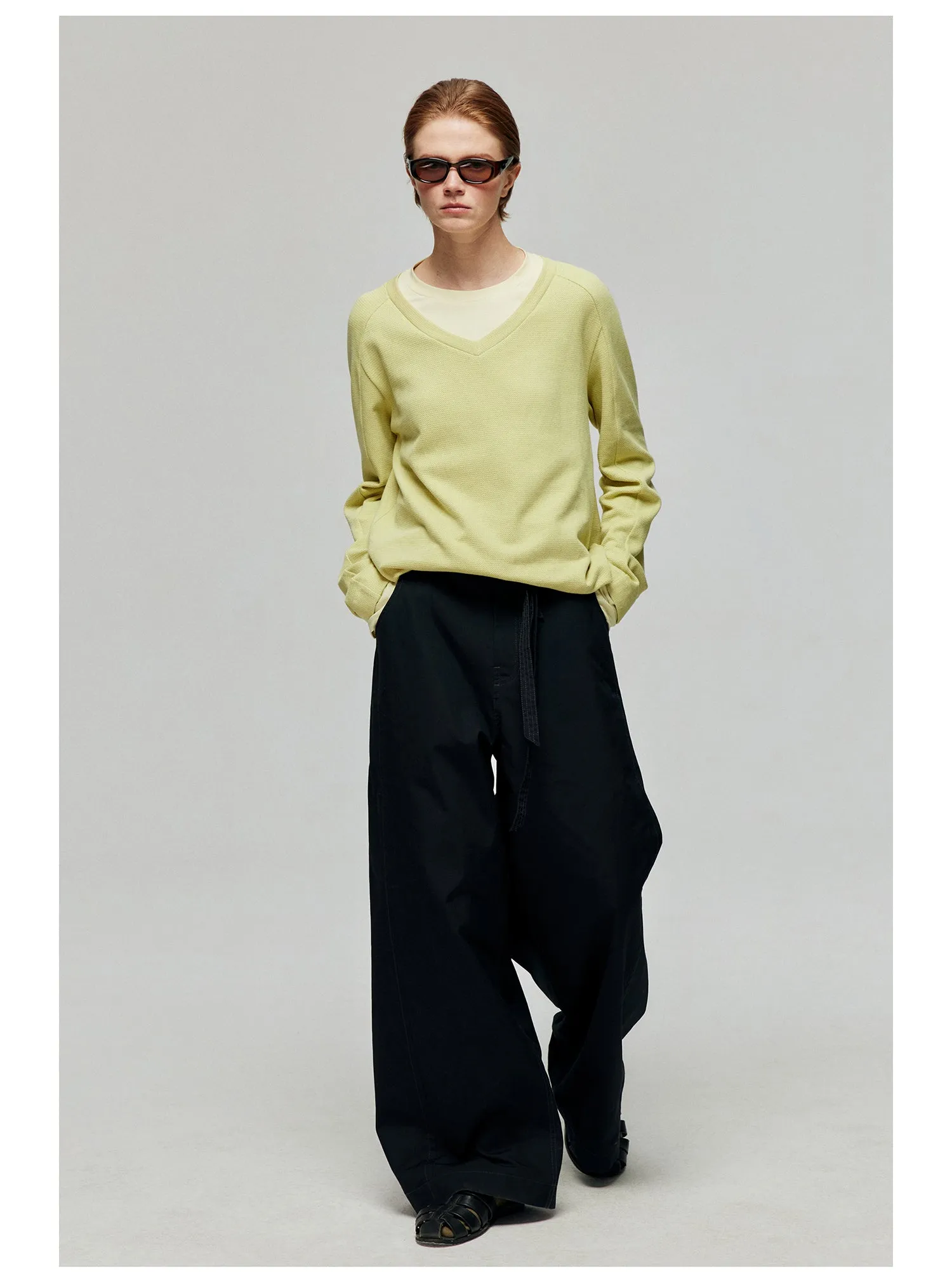 Contrast belt wide-leg casual pants