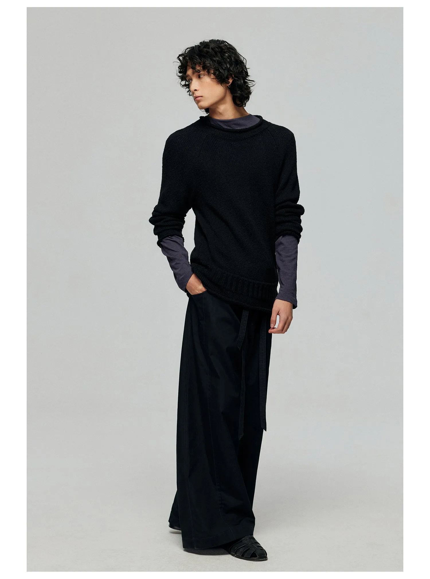 Contrast belt wide-leg casual pants