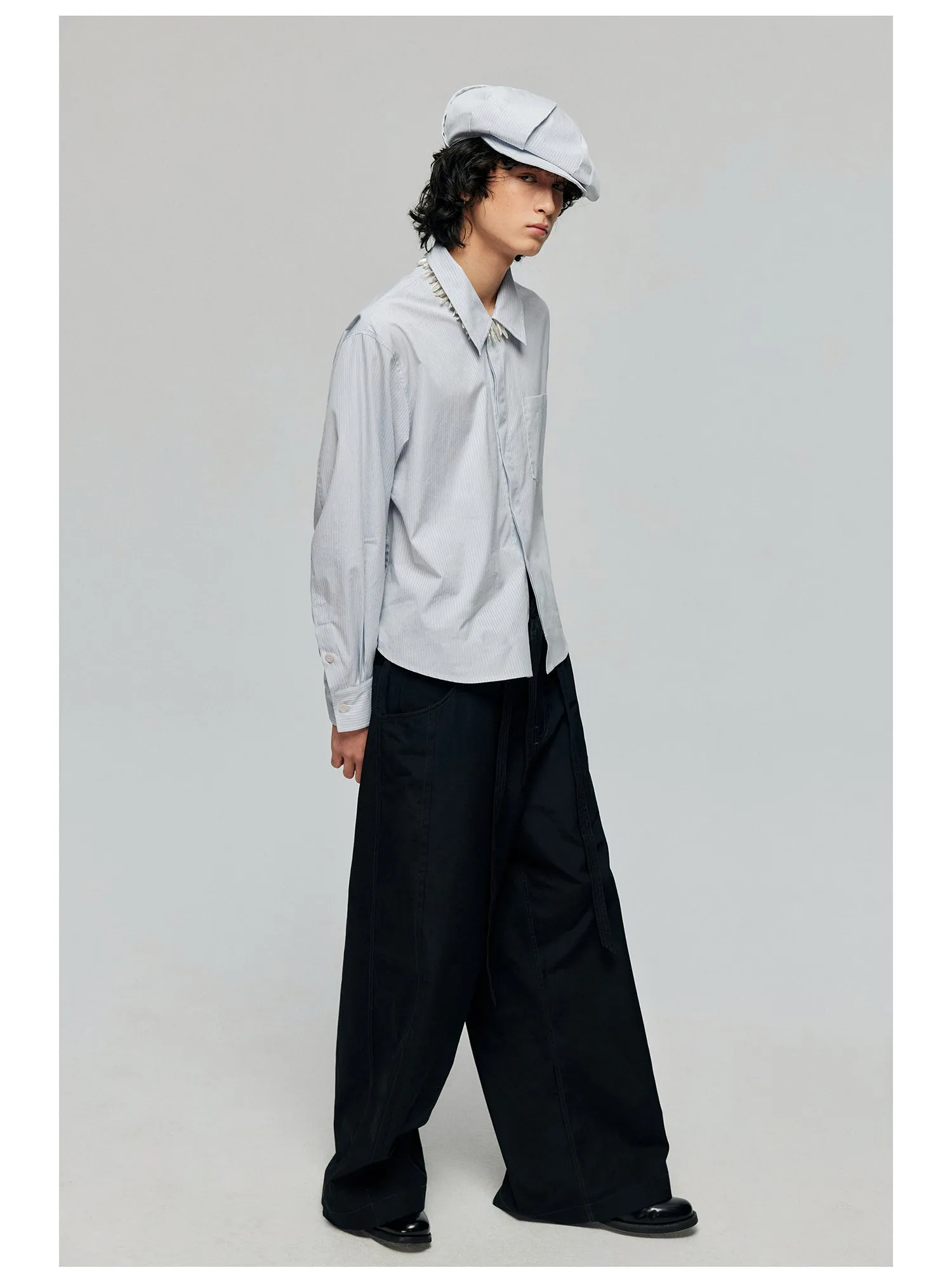 Contrast belt wide-leg casual pants
