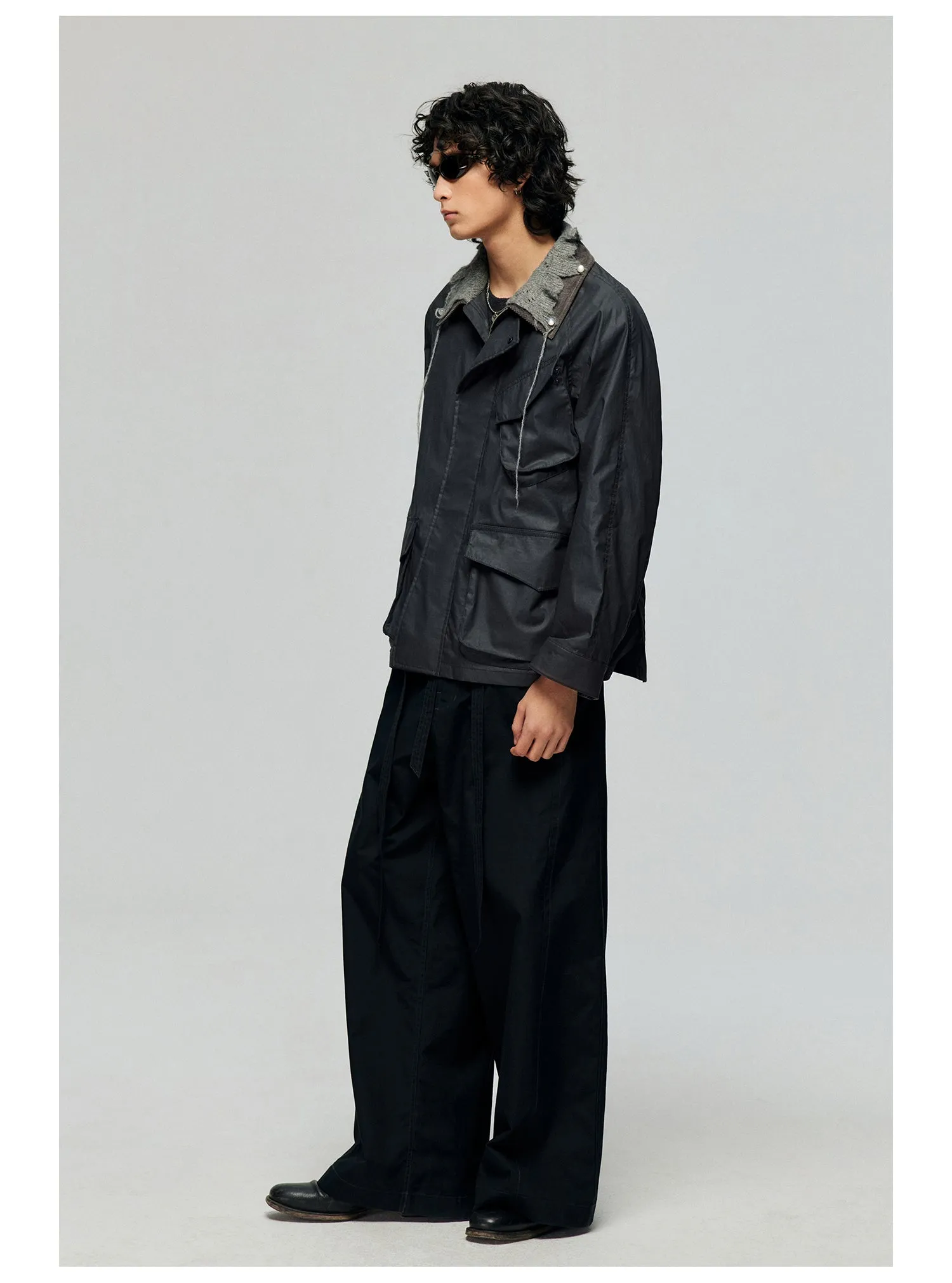 Contrast belt wide-leg casual pants