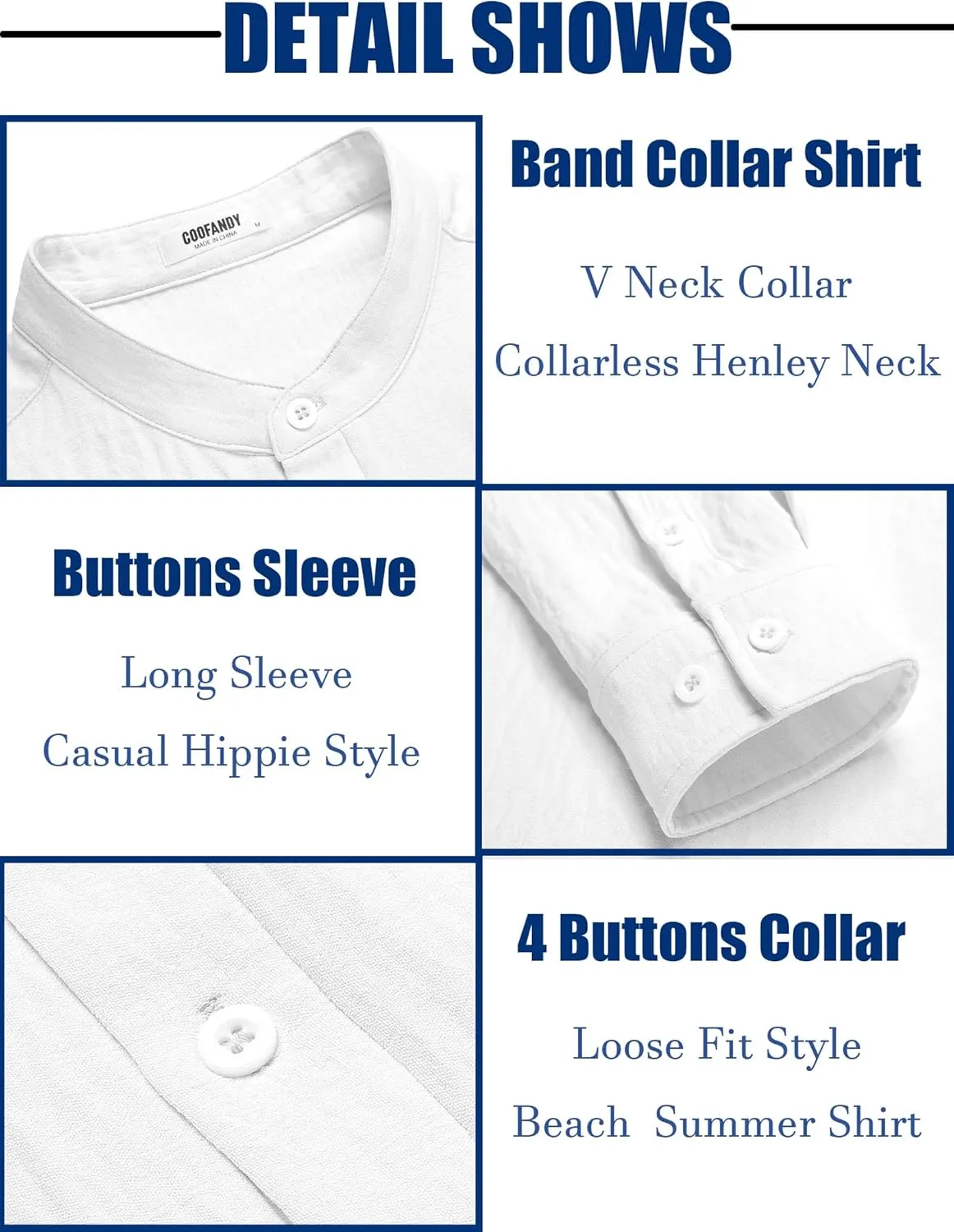COOFANDY Men's Casual Henley Shirt Band Collar Long Sleeve Shirt Beach Hippie Summer Button T Shirt