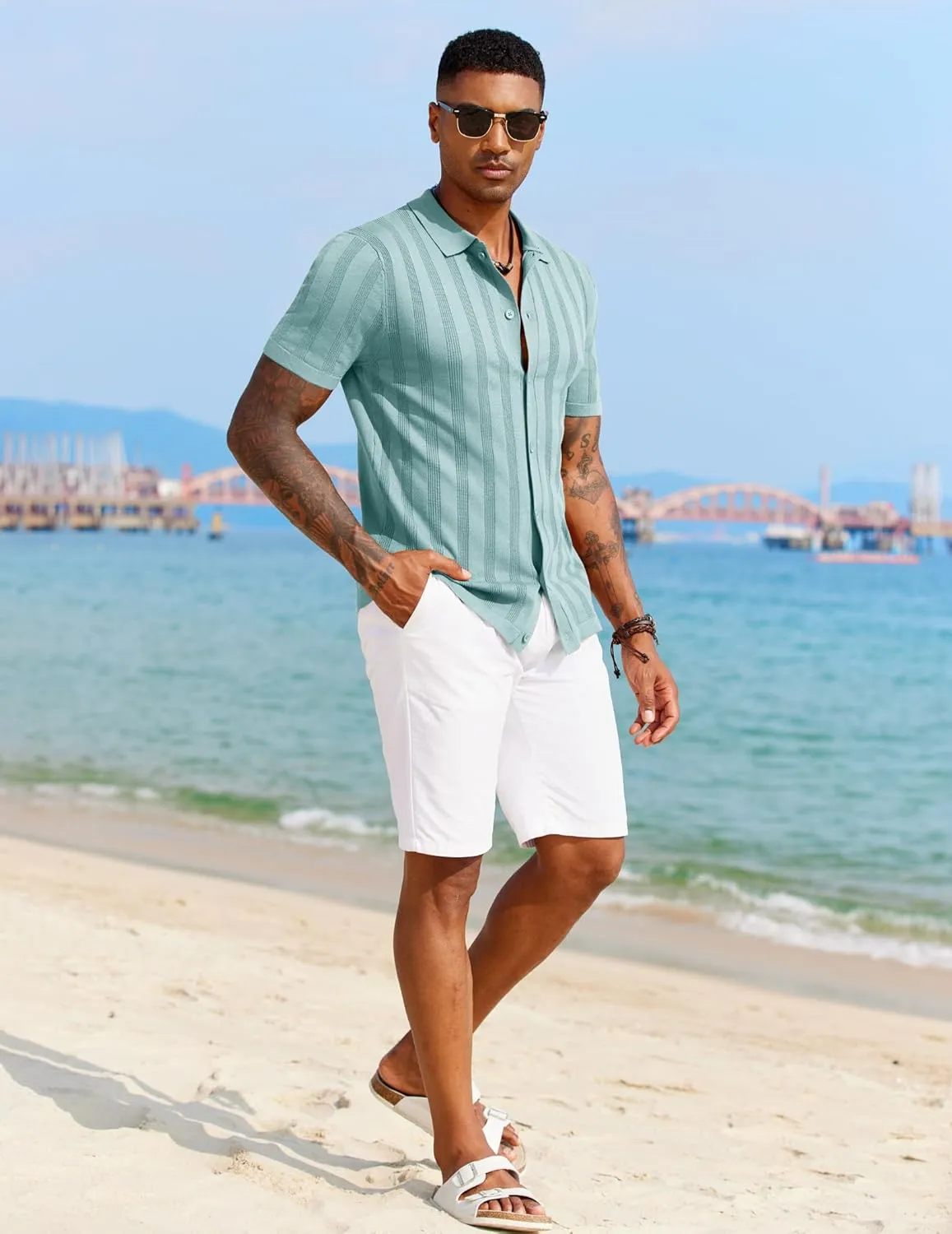 COOFANDY Men's Knit Polo Shirt Vintage Button Down Shirt Short Sleeve Hawaiian Shirt 2025 Summer Fashion Beach Shirts