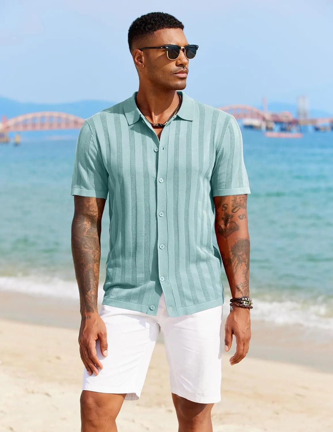 COOFANDY Men's Knit Polo Shirt Vintage Button Down Shirt Short Sleeve Hawaiian Shirt 2025 Summer Fashion Beach Shirts