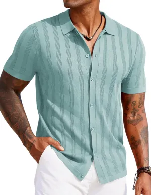COOFANDY Men's Knit Polo Shirt Vintage Button Down Shirt Short Sleeve Hawaiian Shirt 2025 Summer Fashion Beach Shirts