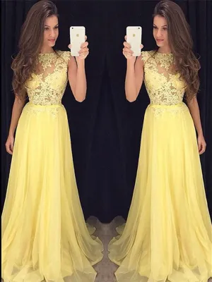 Custom Made A Line Round Neck Lace Yellow Chiffon Long Prom, Yellow Lace Graduation, Formal Evening