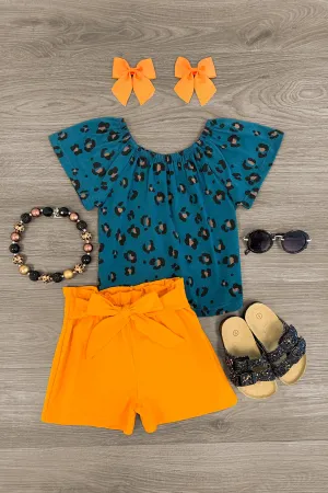 Dark Teal Cheetah Tie Short Set