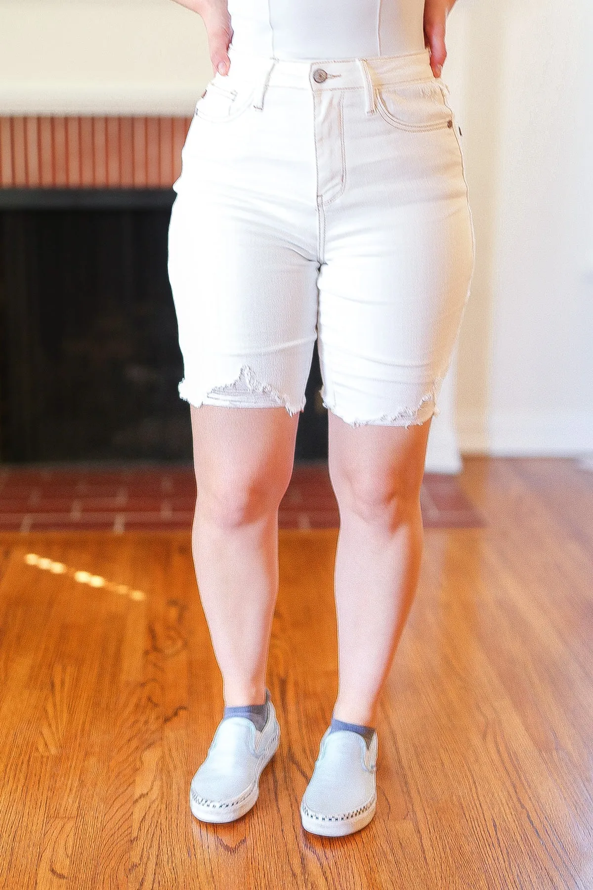 Ecru High Rise Distressed Bermuda Denim Shorts