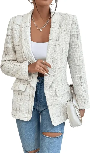 Floerns Women's Plaid Print Long Sleeve Shawl Collar Open Front Office Blazer