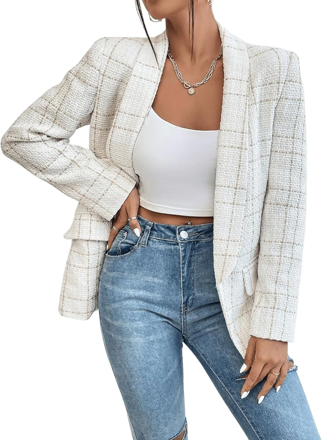 Floerns Women's Plaid Print Long Sleeve Shawl Collar Open Front Office Blazer